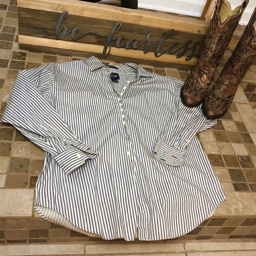 Dockers Blouse Button Down Blue Tan Striped Button Cuffs Collared Medium - Picture 2 of 5